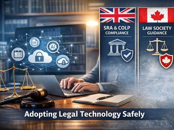 A modern law office scene showing a solicitor working at a laptop beside a gavel and scales of justice. The laptop displays icons representing document management, AI, cloud security, and workflow automation. To the right are two vertical panels: one headed with the UK flag and the words “SRA & COLP Compliance”, the other with the Canadian flag and “Law Society Guidance”. The image emphasises the need for UK and Canadian law firms to adopt legal technology in a secure, governed, and compliant way.