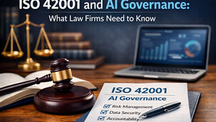 A high-resolution blog header image showing a law firm desk with a judge’s gavel resting beside an open law book, a document titled “ISO 42001 AI Governance” listing risk management, data security and accountability, and a pen on top. In the background are legal books, scales of justice and a laptop displaying analytics, with the headline “ISO 42001 and AI Governance: What Law Firms Need to Know” across the top.
