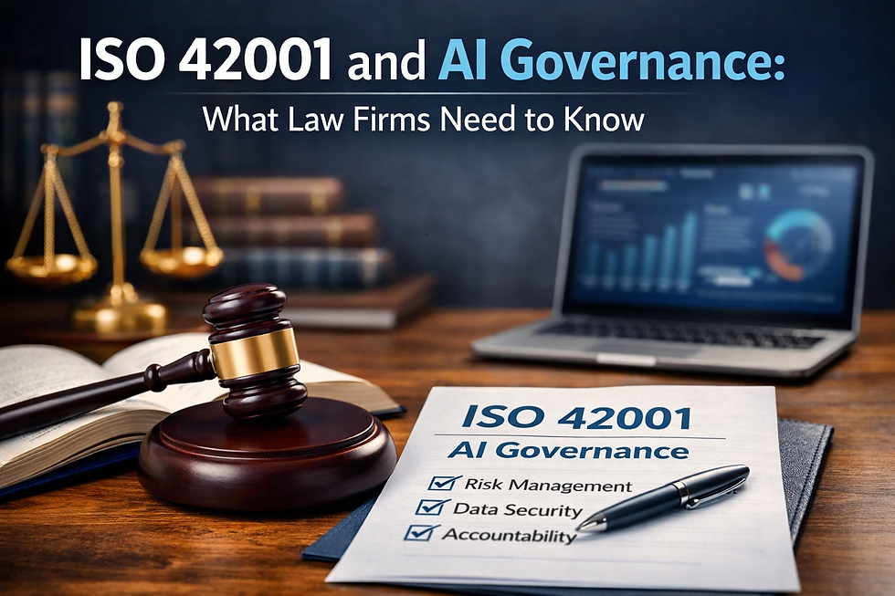 A high-resolution blog header image showing a law firm desk with a judge’s gavel resting beside an open law book, a document titled “ISO 42001 AI Governance” listing risk management, data security and accountability, and a pen on top. In the background are legal books, scales of justice and a laptop displaying analytics, with the headline “ISO 42001 and AI Governance: What Law Firms Need to Know” across the top.