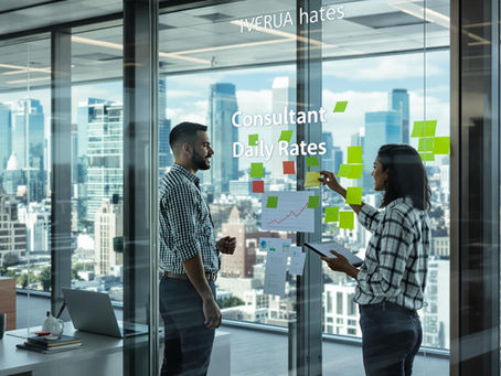 IT consultants discussing rates in a modern office overlooking city skyline