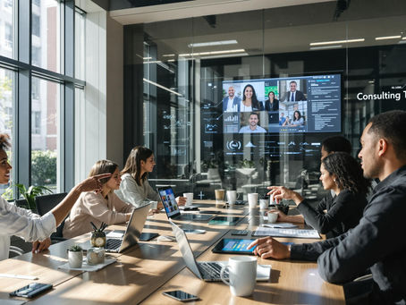 Diverse IT consultants collaborate with AI data in modern open office