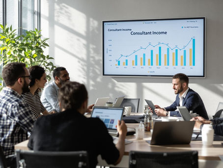 Diverse team of IT consultants discussing income trends in a modern office