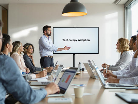 IT consultant presenting client education to business team in office