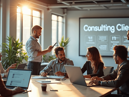 IT consultants collaborating with 'Consulting Clients' banner in coworking space