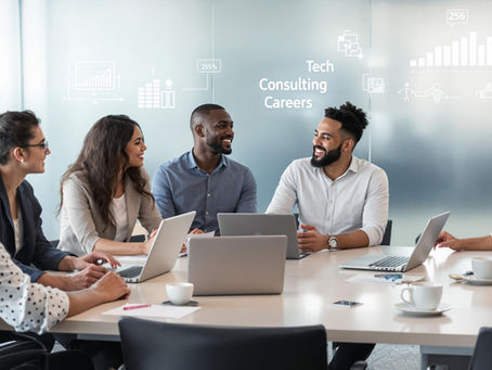 IT consultants collaborating in a bright office with 'Consulting Careers' on wall