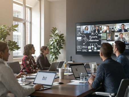 Diverse IT professionals collaborating via video call in a modern office with remote collaboration text overlay.