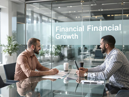 IT consultant and technology professional discuss financial plans in modern office with 'Financial Growth' on glass wall