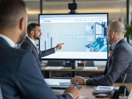 IT consultant presenting website strategy to client on monitor
