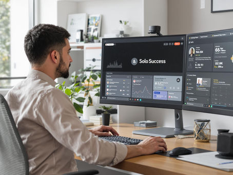 Solo IT consultant in home office on video call, 'Solo Success' on screen