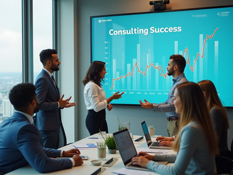 Canadian IT consultants collaborating in modern office with 'Consulting Success' on screen