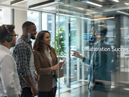 Diverse IT consultants collaborating in a modern office with 'Collaboration Success' on glass wall