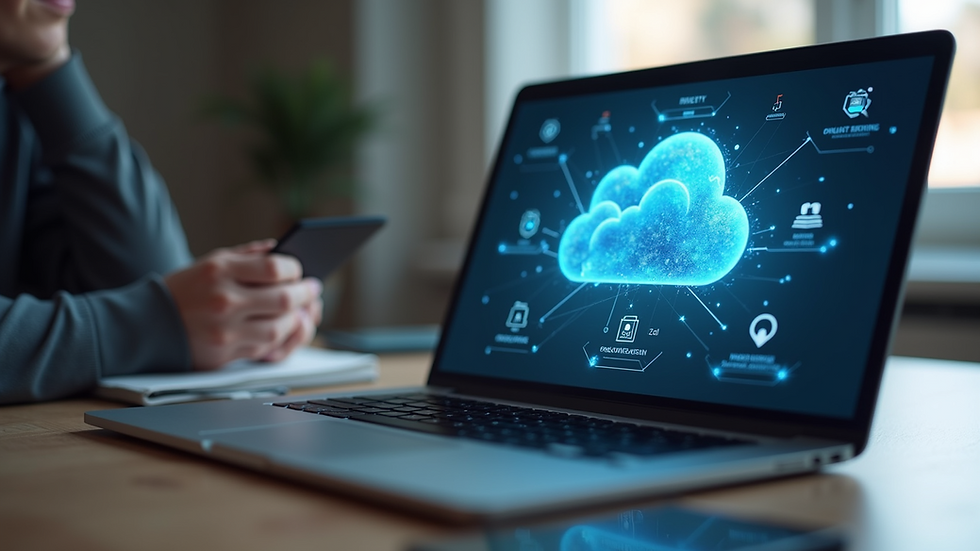 High angle view of laptop with cloud storage interface