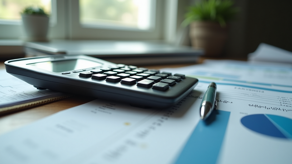 Close-up view of a calculator and financial documents on a desk