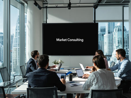 Diverse professionals collaborating in bright office with 'Market Consulting' on digital screen.