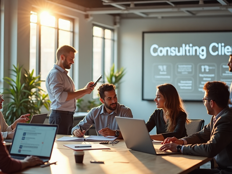 IT consultants collaborating with 'Consulting Clients' banner in coworking space