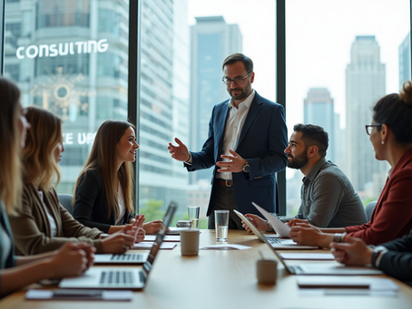 Diverse consultants meet in a modern office with 'Consulting Success' on glass wall