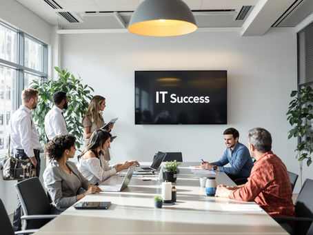 Modern office, diverse IT team collaborating, 'IT Success' on wall display