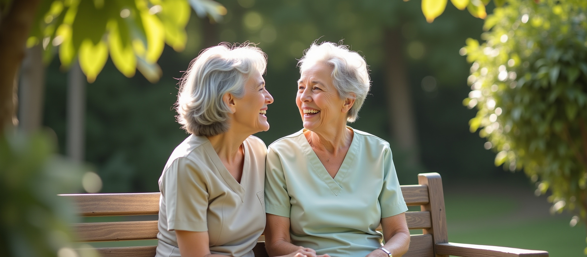 Two senior women sit on a park bench on a nice day and smile at each other.