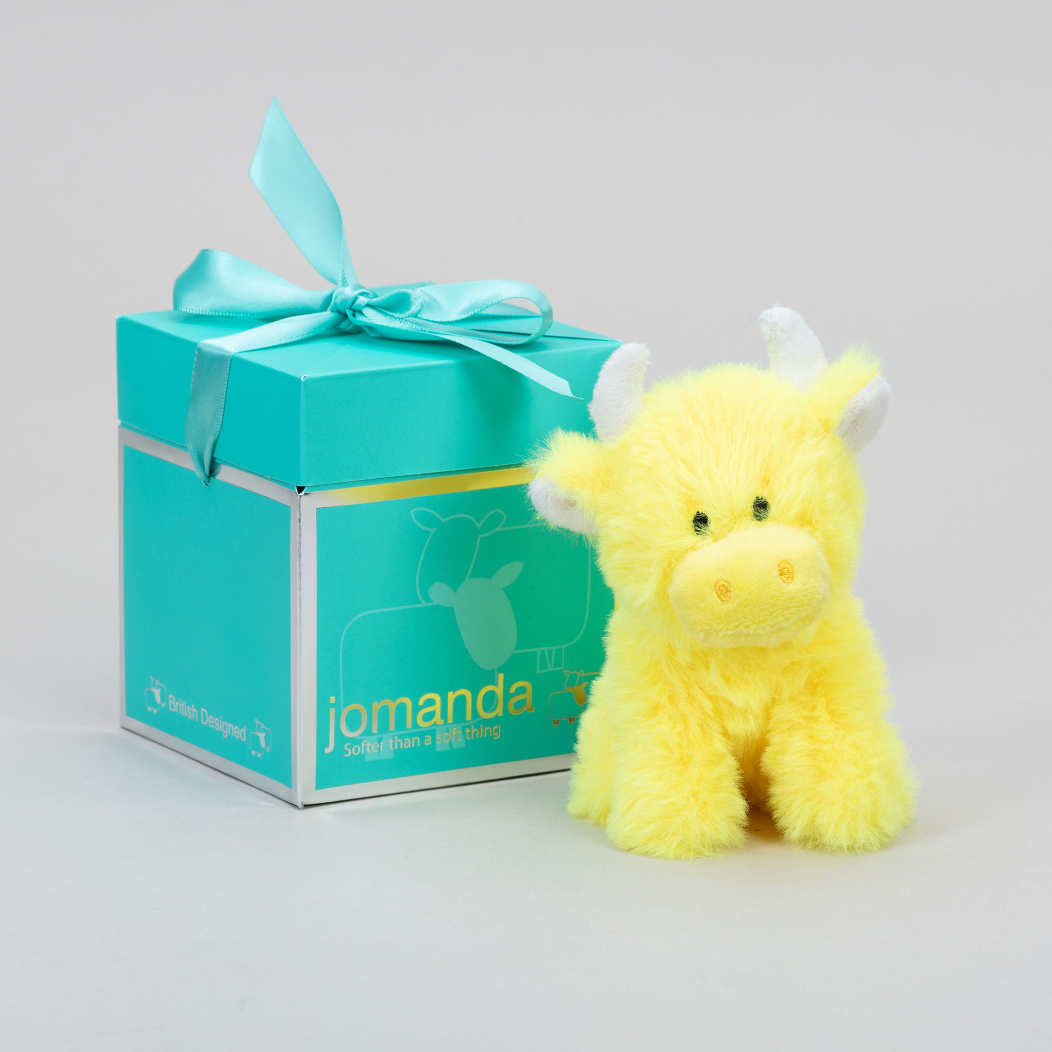 Yellow- Mini Highland  Coo Cow Soft Plush Toy & Pop up box - My name is Nevis