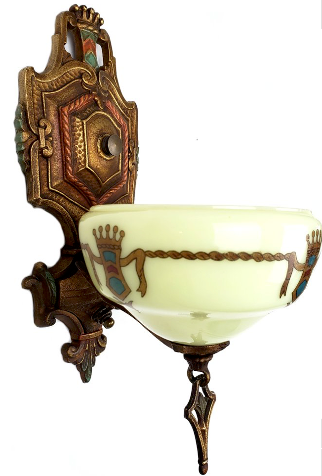 Thumbnail: A pair of Art Deco cast iron Marquette wall sconces by Gill Glass c1930s