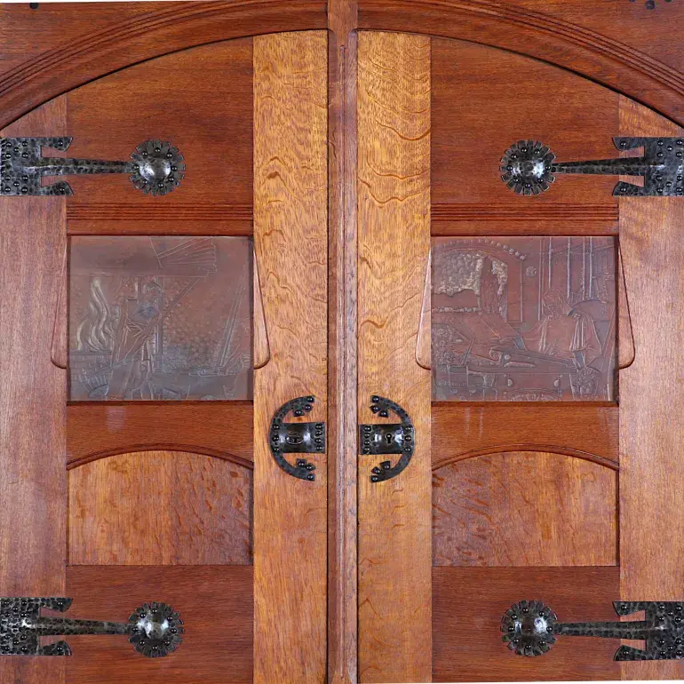 Thumbnail: An incredibly rare French Arts & Crafts oak & leather bookcase by Henri Rapin