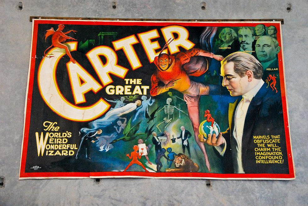 Thumbnail: A large Folk Art magician banner 'Carter the Great' by Otis Lithograph Co. c1910