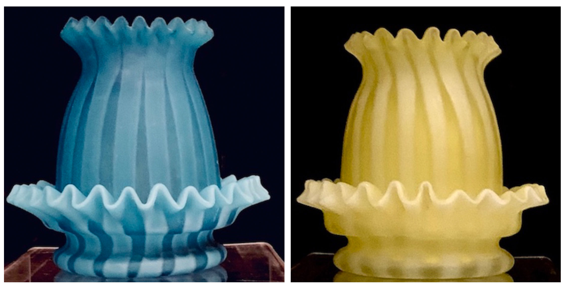 Late 19thC/early 20thC satin stripe air-trap Mother of Pearl fairy lamp, yellow