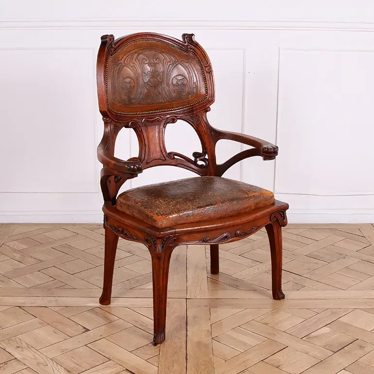 Thumbnail: An exquisite French Art Nouveau armchair with original leather upholstery