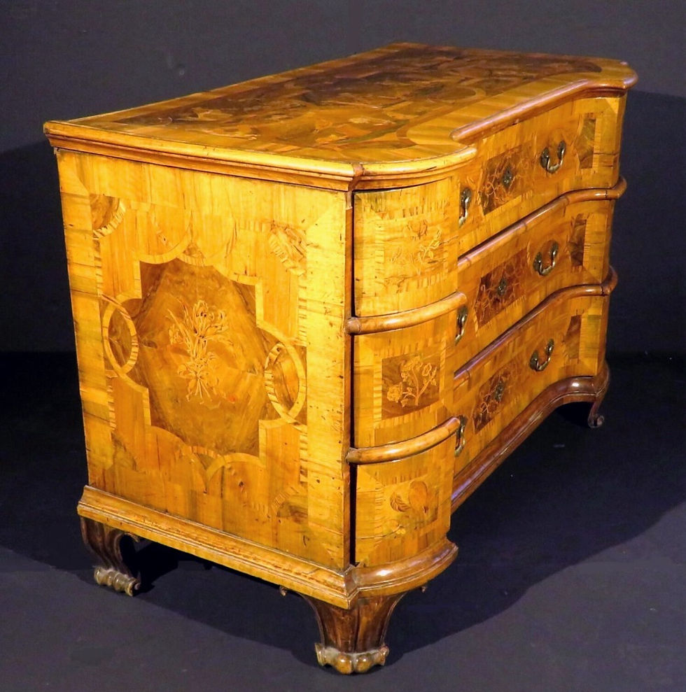 Thumbnail: An exceptional mid 18th C inlaid fruitwood German Baroque commode, circa 1740