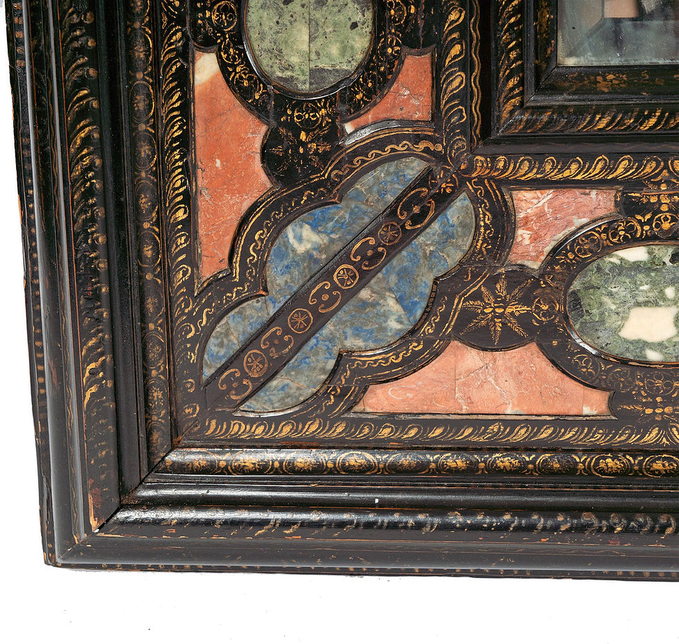 Thumbnail: An important 17th C Italian "Pietra Dura" Gilt-Decorated ebonized wood mirror