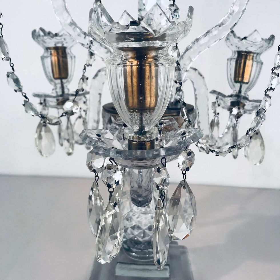 Thumbnail: A pair of large George III three-light cut lead crystal girandoles / candelabra