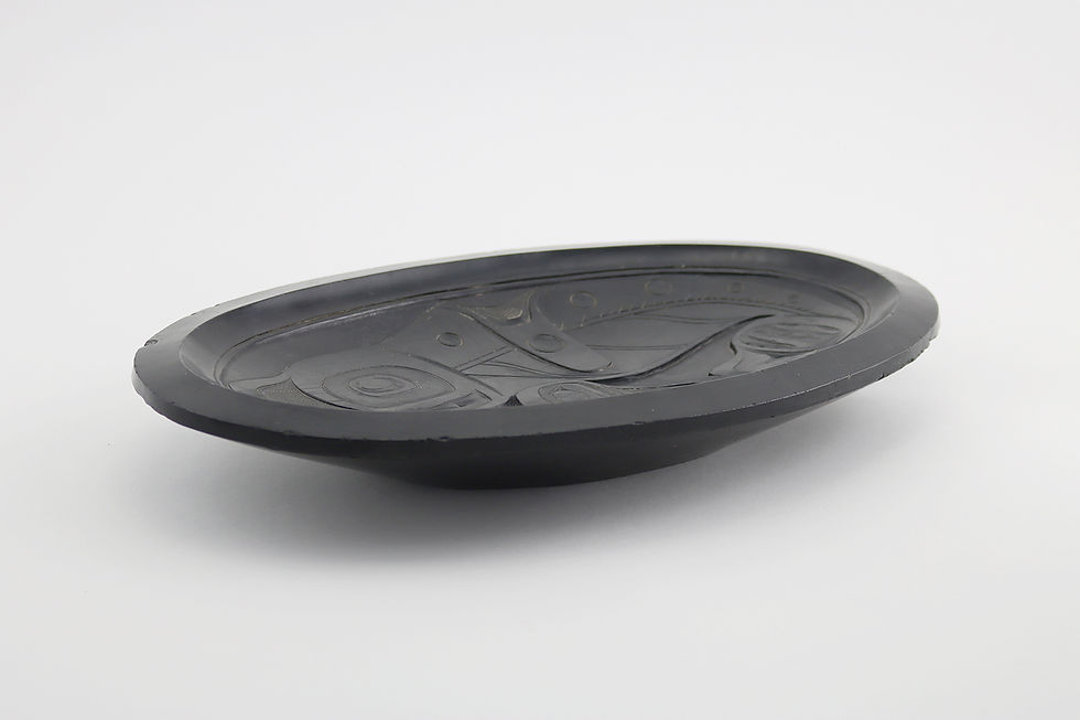 Thumbnail: A 19th C Northwest Coast oval argillite platter, carved with a whale