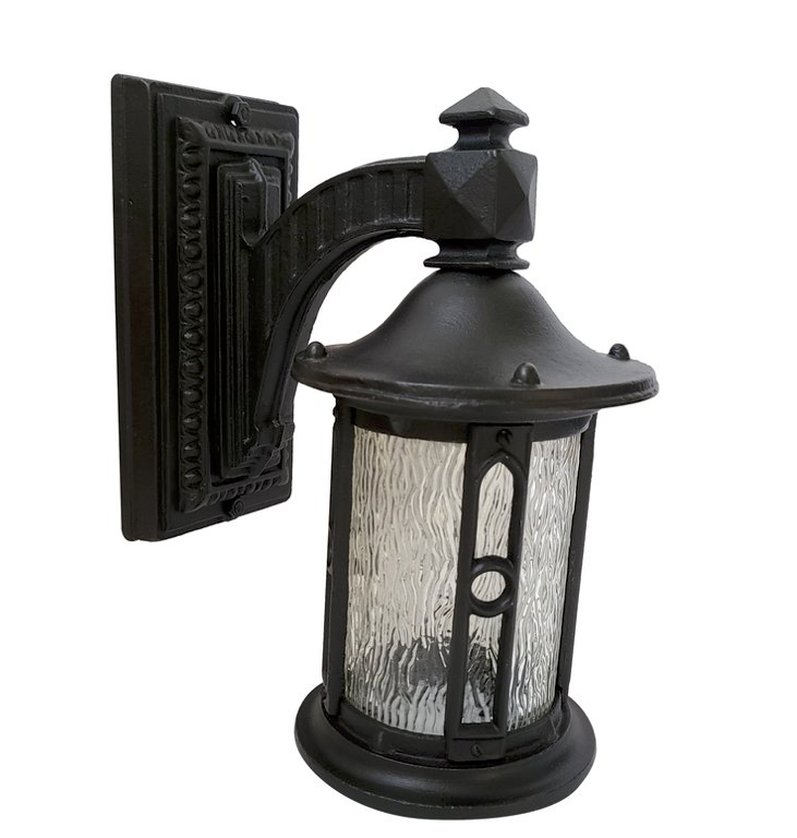 Thumbnail: A pair of Arts & Crafts exterior cast iron porch wall sconces by Herwig, c1920s