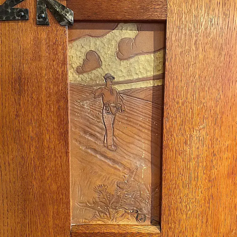 Thumbnail: An incredibly rare French Arts & Crafts oak & leather bookcase by Henri Rapin