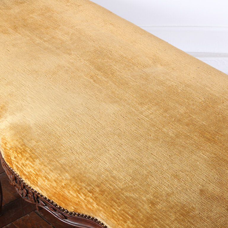 Thumbnail: A 19th C French carved walnut bench with mohair upholstery, circa 1880