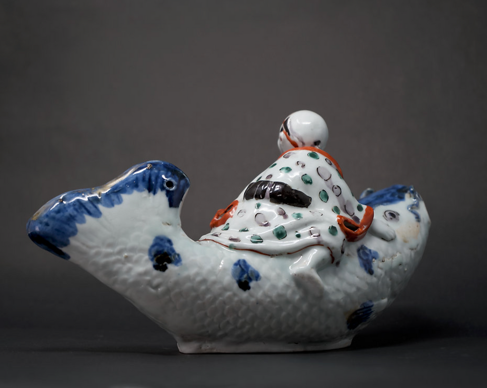 Thumbnail: An exceptionally fine Arita "Benkei and The Giant Carp" figural ewer, circa 1700