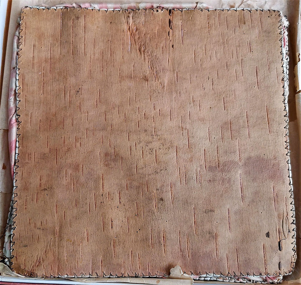 Thumbnail: A mid 19th C Indigenous Canadian moosehair embroidered birch bark hanky pouch