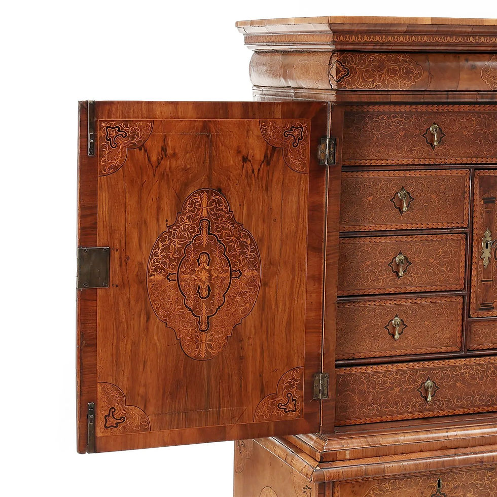Thumbnail: An early 18th C William & Mary walnut and seaweed marquetry cabinet on chest