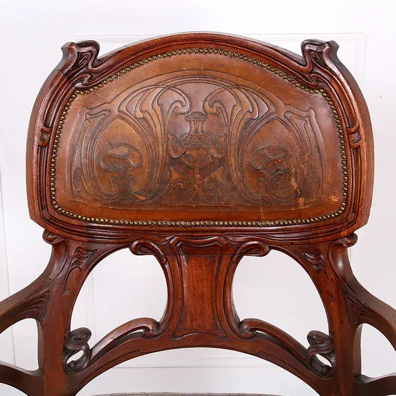 Thumbnail: An exquisite French Art Nouveau armchair with original leather upholstery