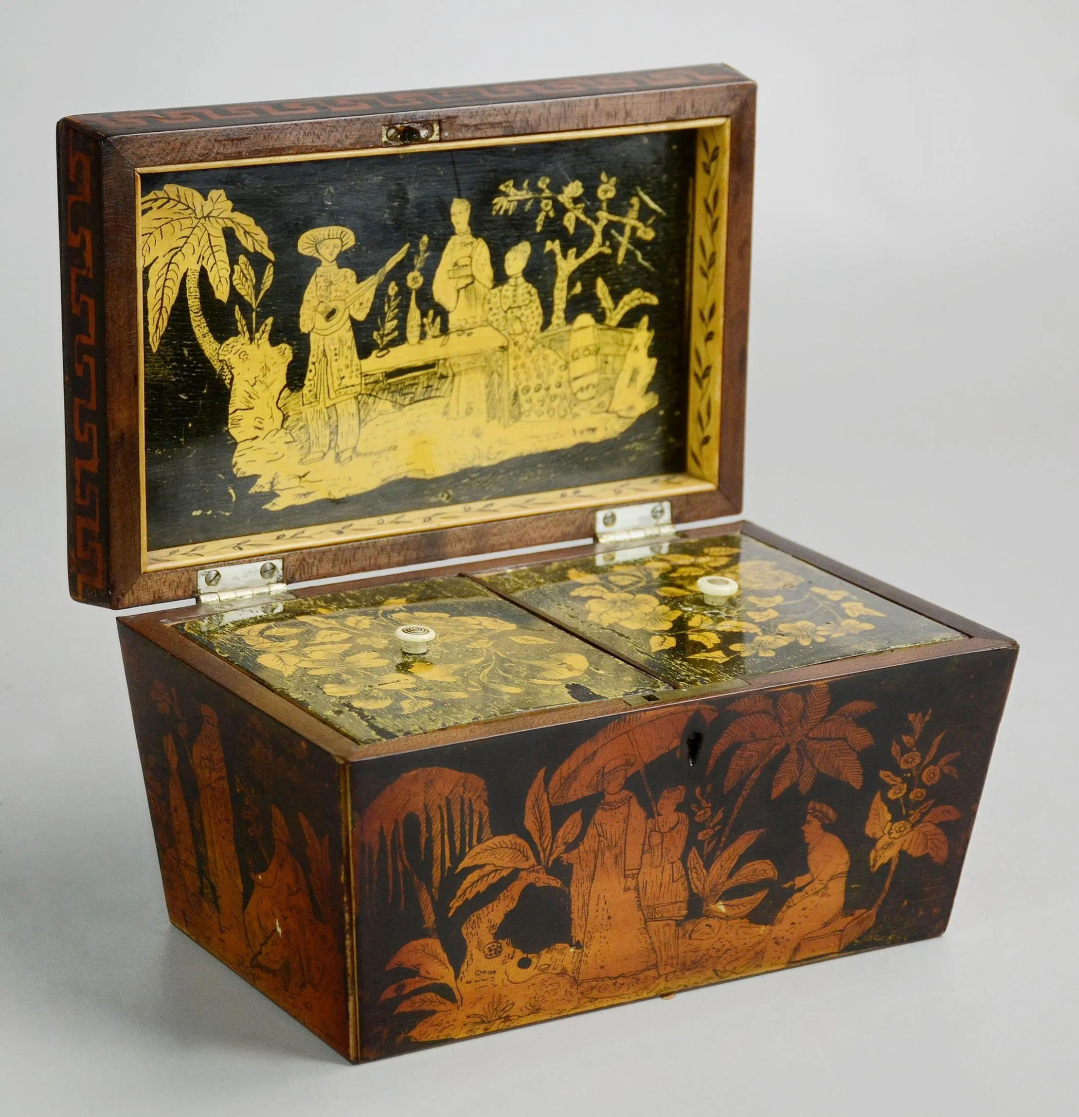 A fine early 19th C double tea caddy with penwork Chinoiserie decoration