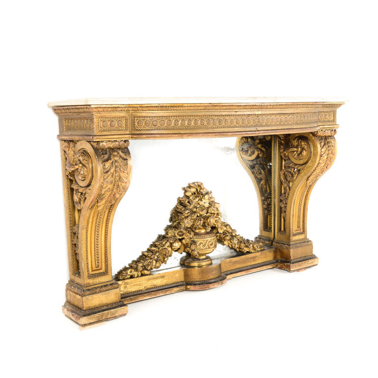 Thumbnail: An important Louis XVI hand-carved giltwood marble-top console, France c1780