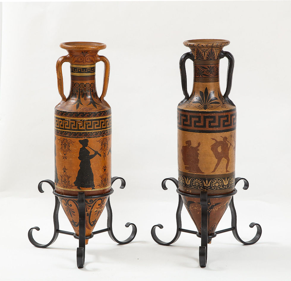 Thumbnail: A pair of early 19th C Italian ceramic amphoras in the Etruscan style, c1800