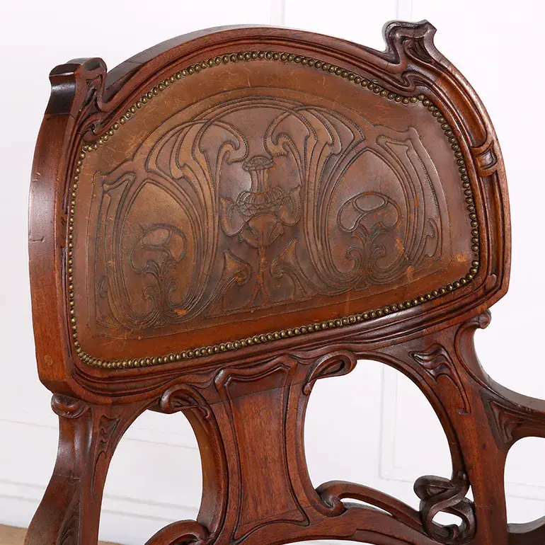 Thumbnail: An exquisite French Art Nouveau armchair with original leather upholstery