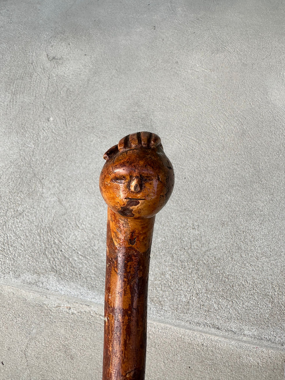 Thumbnail: A late 19th C Native carved burl walking stick with face in hand, Nova Scotia