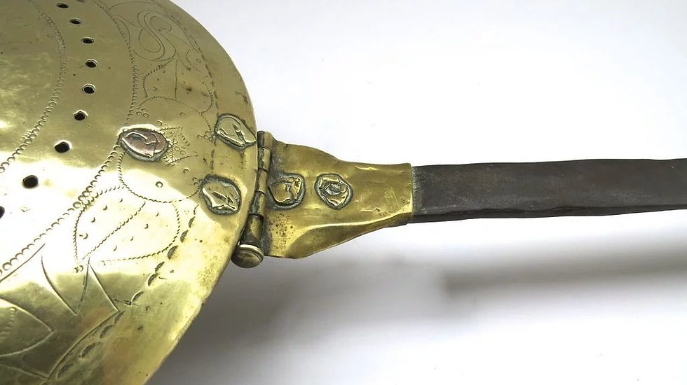 Thumbnail: A rare Charles I brass & iron warming pan from 'The Diers Arms' pub c1630