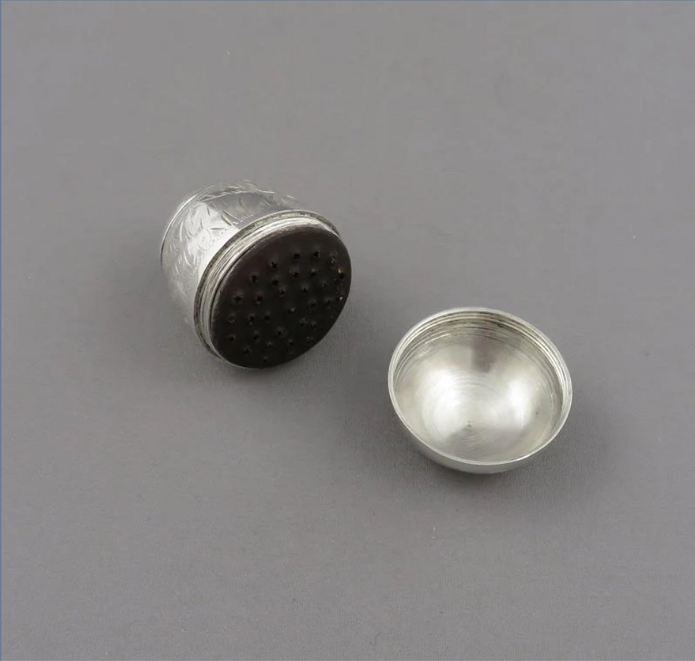 Thumbnail: A fine and rare George III sterling silver double-nutmeg grater, unmarked, c1790
