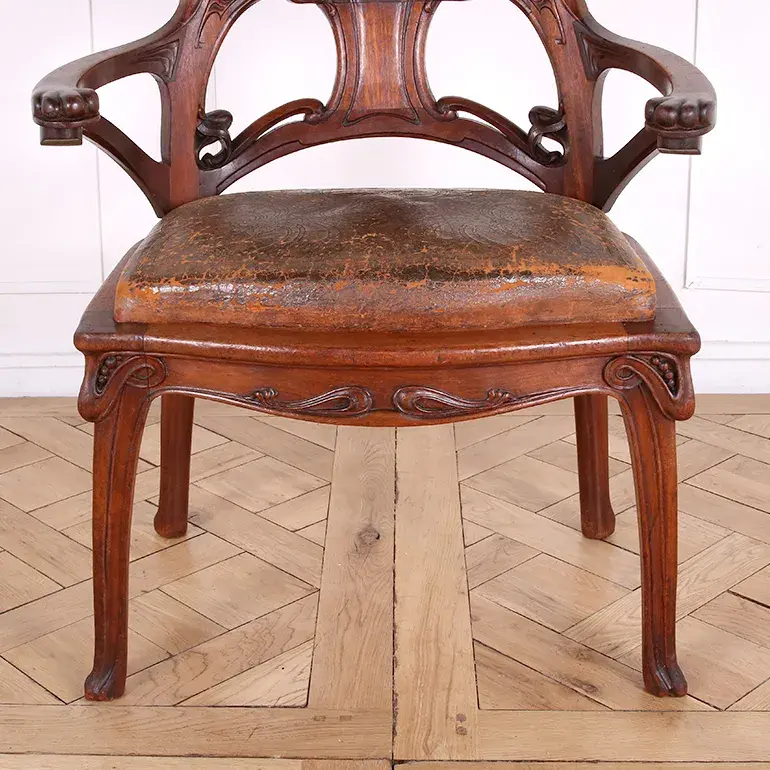 Thumbnail: An exquisite French Art Nouveau armchair with original leather upholstery