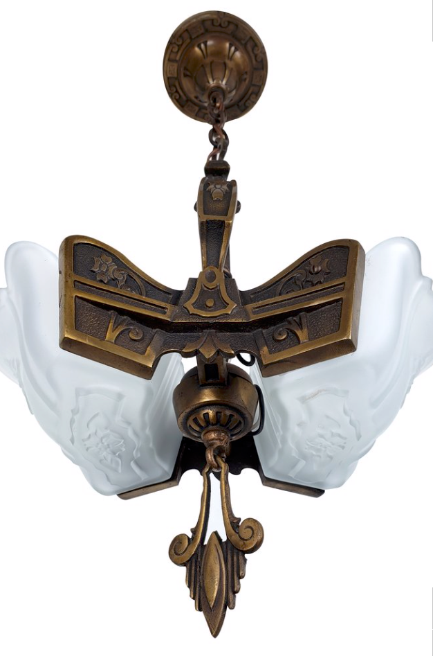 Thumbnail: An Art Deco double slip shade Spanish Revival bronze ceiling fixture c1930s