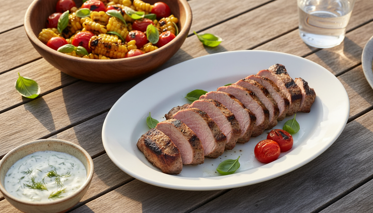 Eye-level view of sliced pork tenderloin beside grilled corn salad.