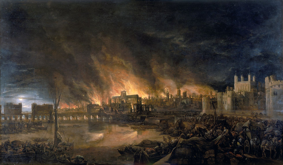 Painting of The Great Fire of London, depicted by an unknown painter (1675), as it would have appeared from a boat in the vicinity of Tower Wharf on the evening of Tuesday, 4 September 1666. To the left is London Bridge; to the right, the Tower of London. St. Paul's Cathedral is in the distance, surrounded by the tallest flames.